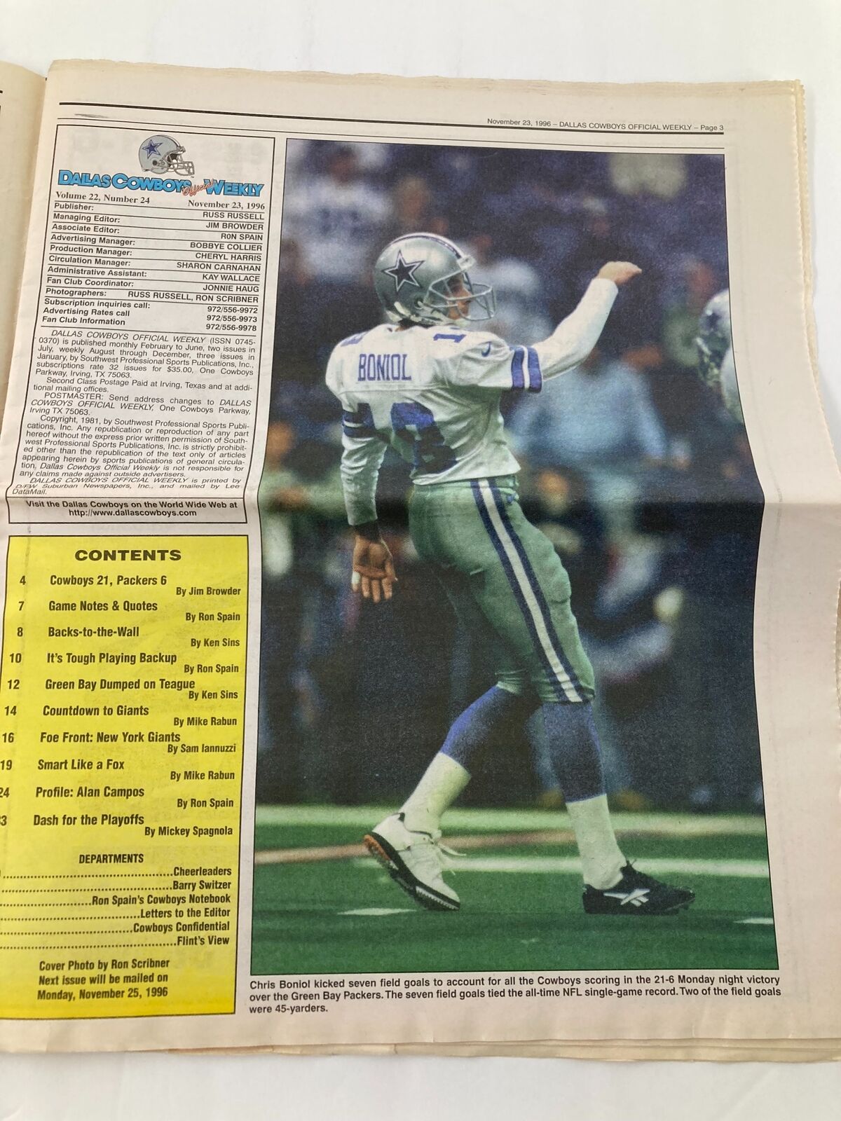 Inside page of the Dallas Cowboys Weekly Newspaper, November 23, 1996, with Chris Boniol celebrating after kicking field goals in the Cowboys' victory.