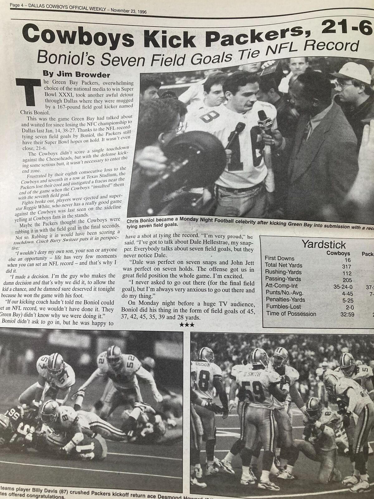 Page detailing Cowboys' win over the Packers with Jim Browder's article, November 23, 1996 edition of Dallas Cowboys Weekly Newspaper.