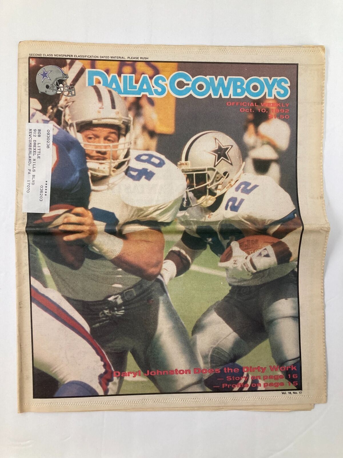 Dallas Cowboys Weekly Newspaper October 10 1992 Vol 18 #17 featuring Daryl Johnston on the cover, showcasing an action shot of players during a game.