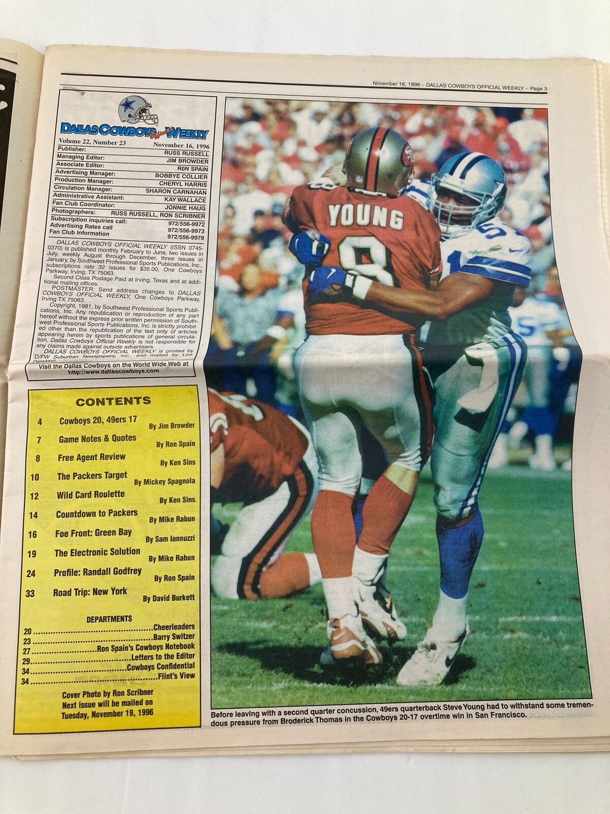 Another page from the Dallas Cowboys Weekly Newspaper November 16 1996 Vol 22 #23 displaying content about the game, including an image of Steve Young being engaged by Dallas Cowboys defense.