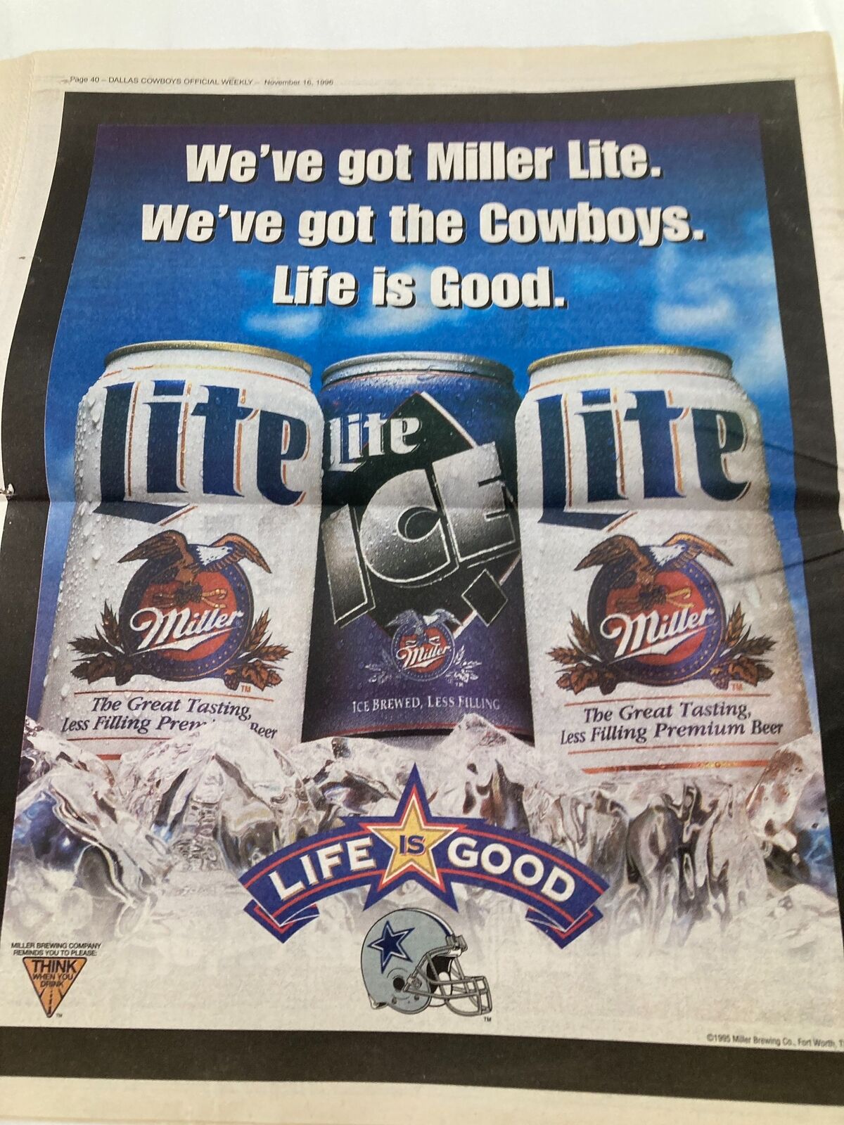 Dallas Cowboys Weekly Newspaper November 16 1996 Vol 22 #23 featuring an advertisement for Miller Lite, highlighting the slogan 'Life is Good' alongside Cowboys branding.