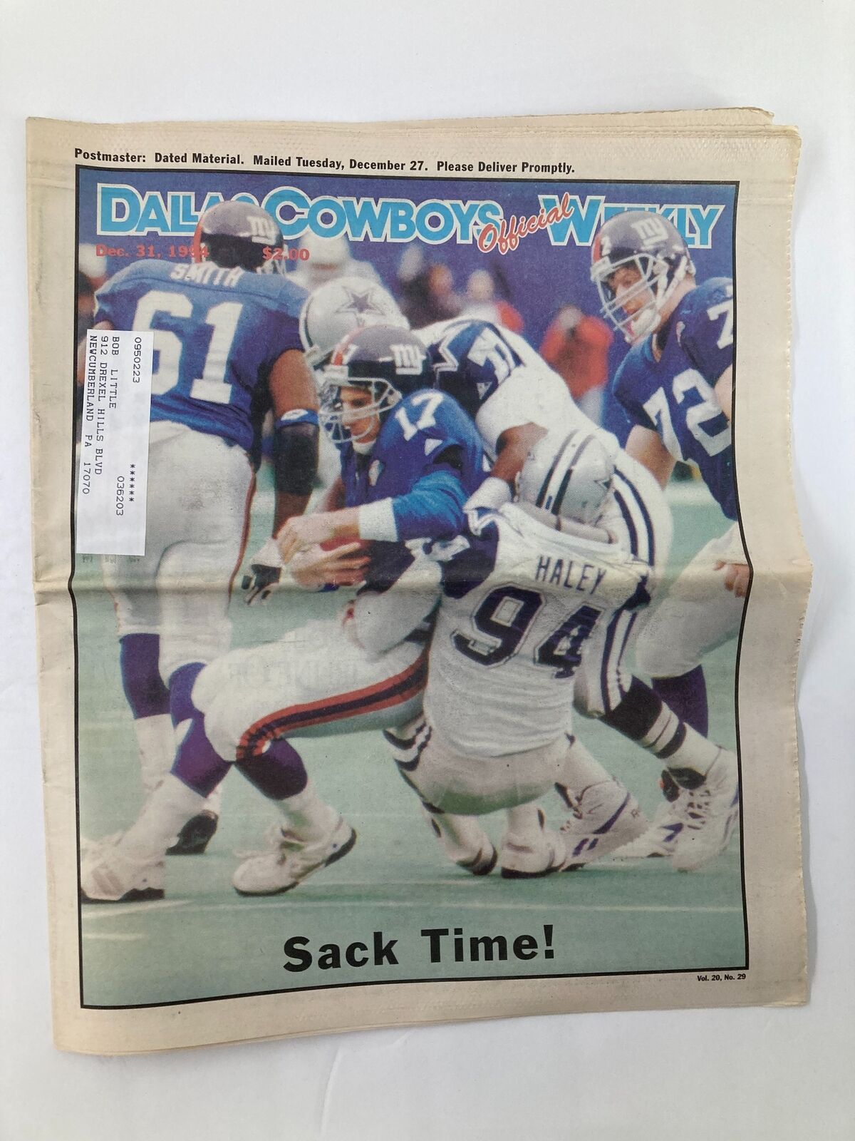 Dallas Cowboys Weekly Newspaper December 31 1994 Vol 20 #29 Emmitt Smith featuring an action shot of players tackling each other with the caption 'Sack Time!'.