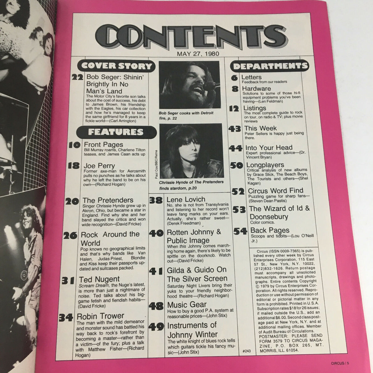 Contents page of Circus Magazine, May 27, 1980 edition, featuring articles about Bob Seger, Grace Slick, and Van Halen, along with various rock music features.