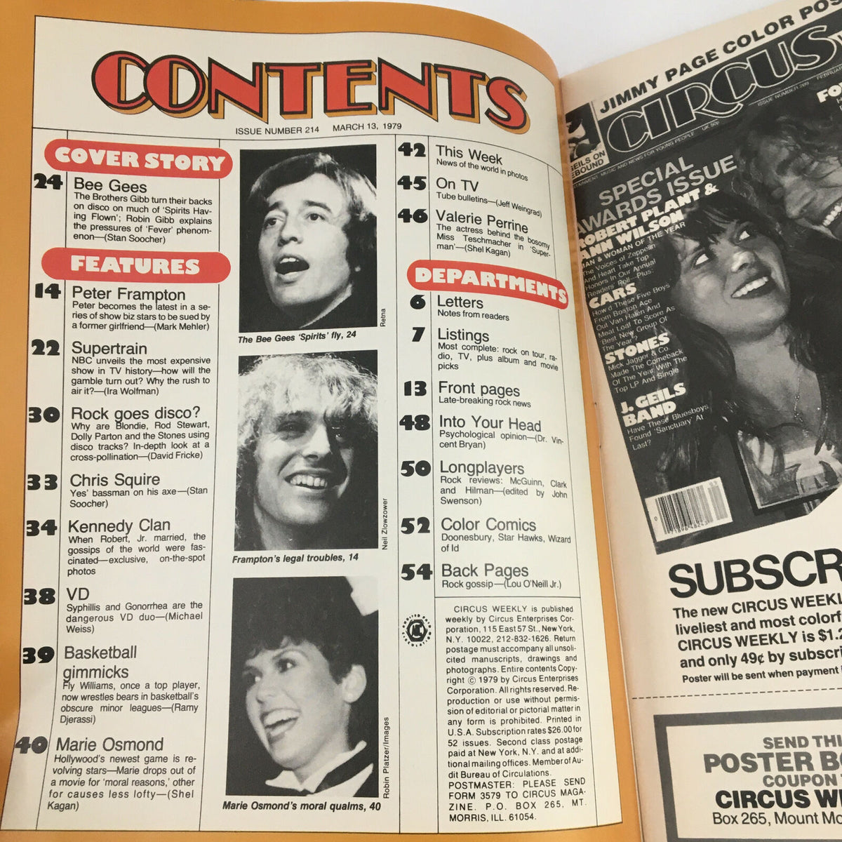Contents page of Circus Magazine March 13, 1979, listing articles including features on The Bee Gees and Marie Osmond. Highlights the magazine's focus on music and pop culture.