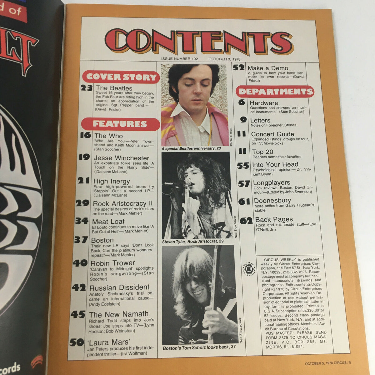 Contents page from Circus Magazine October 3, 1978 showing features on The Beatles, Steven Tyler, and other music icons with highlighted article titles.
