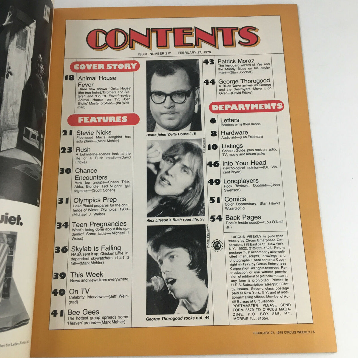 Contents page of Circus Magazine February 27, 1979, detailing featured articles including 'Animal House Fever' and interviews with popular figures like Josh Mostel.