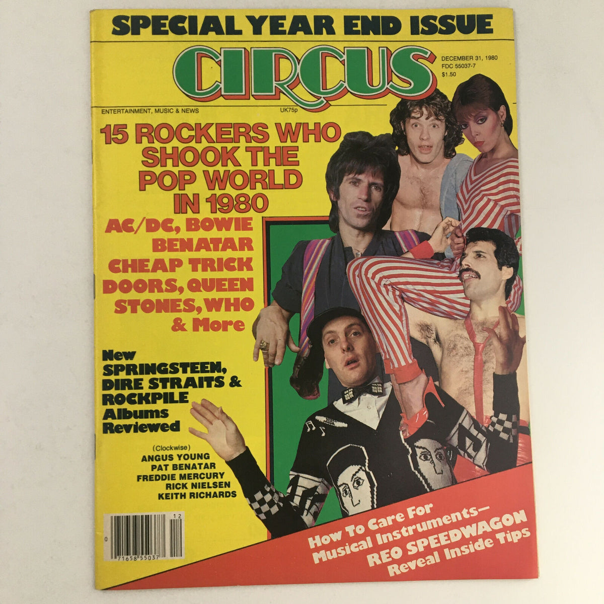 Circus Magazine December 31 1980 cover featuring 15 Rockers Who Shook the Pop World, including notable artists like AC/DC, Bowie, and Queen.
