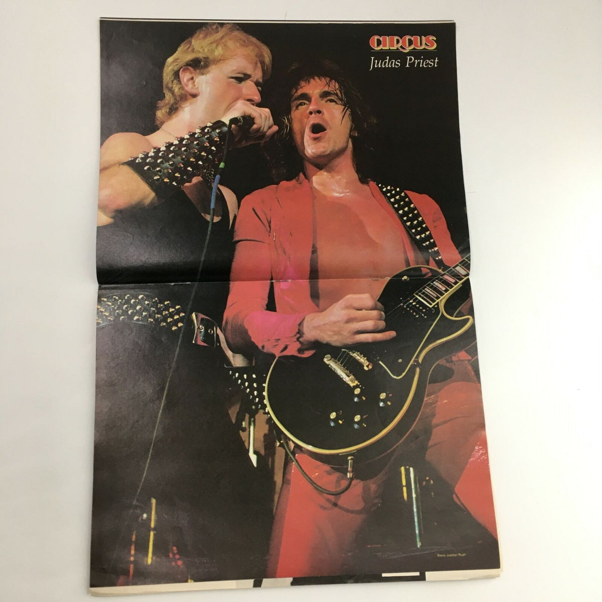 Circus Magazine July 22 1980 Journey Feature & Judas Priest Poster - A vibrant centerfold poster of Judas Priest featuring two band members performing live on stage, showcasing their iconic rock style.