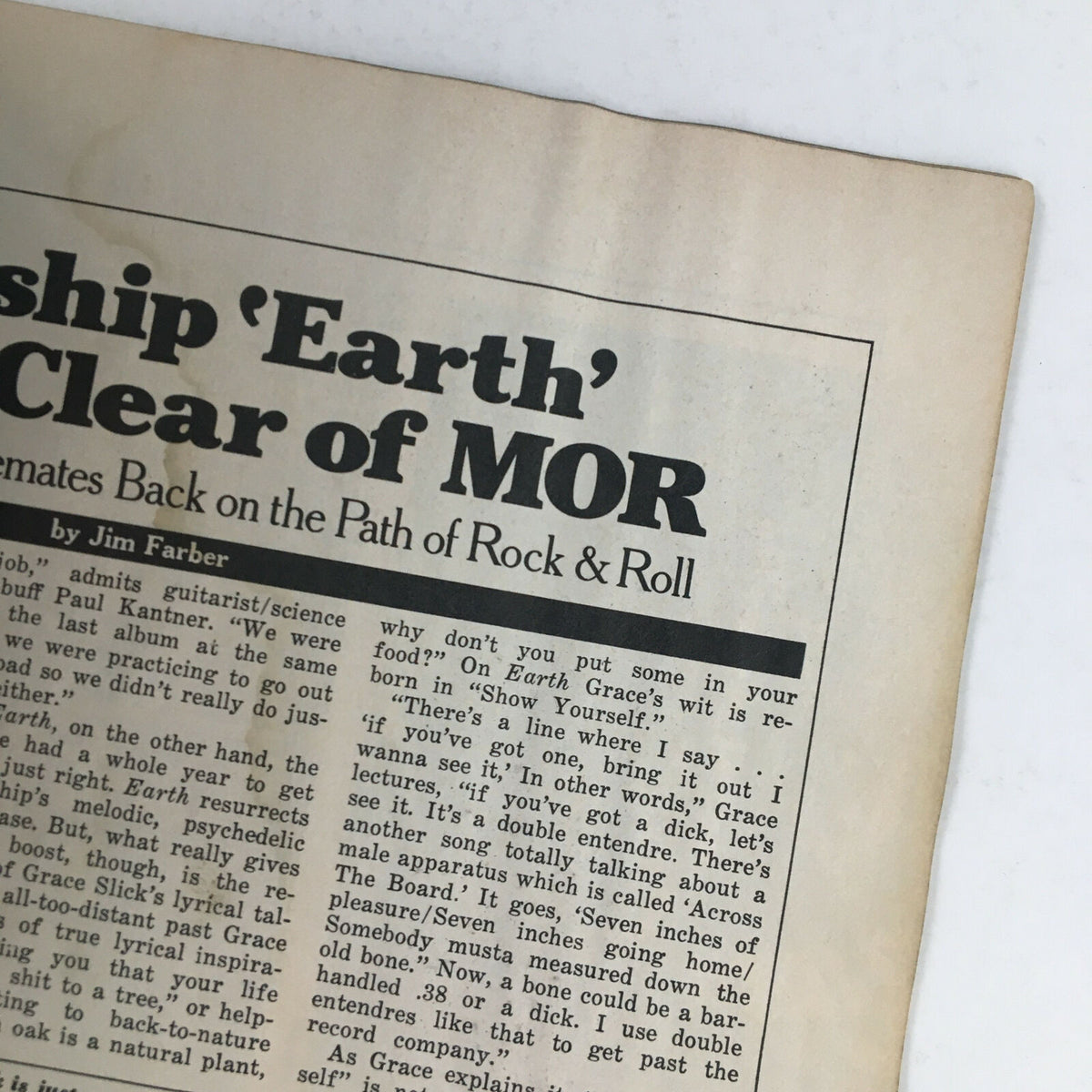 Close-up of an article from Circus Magazine April 27, 1978, discussing Grace Slick and her musical insights.