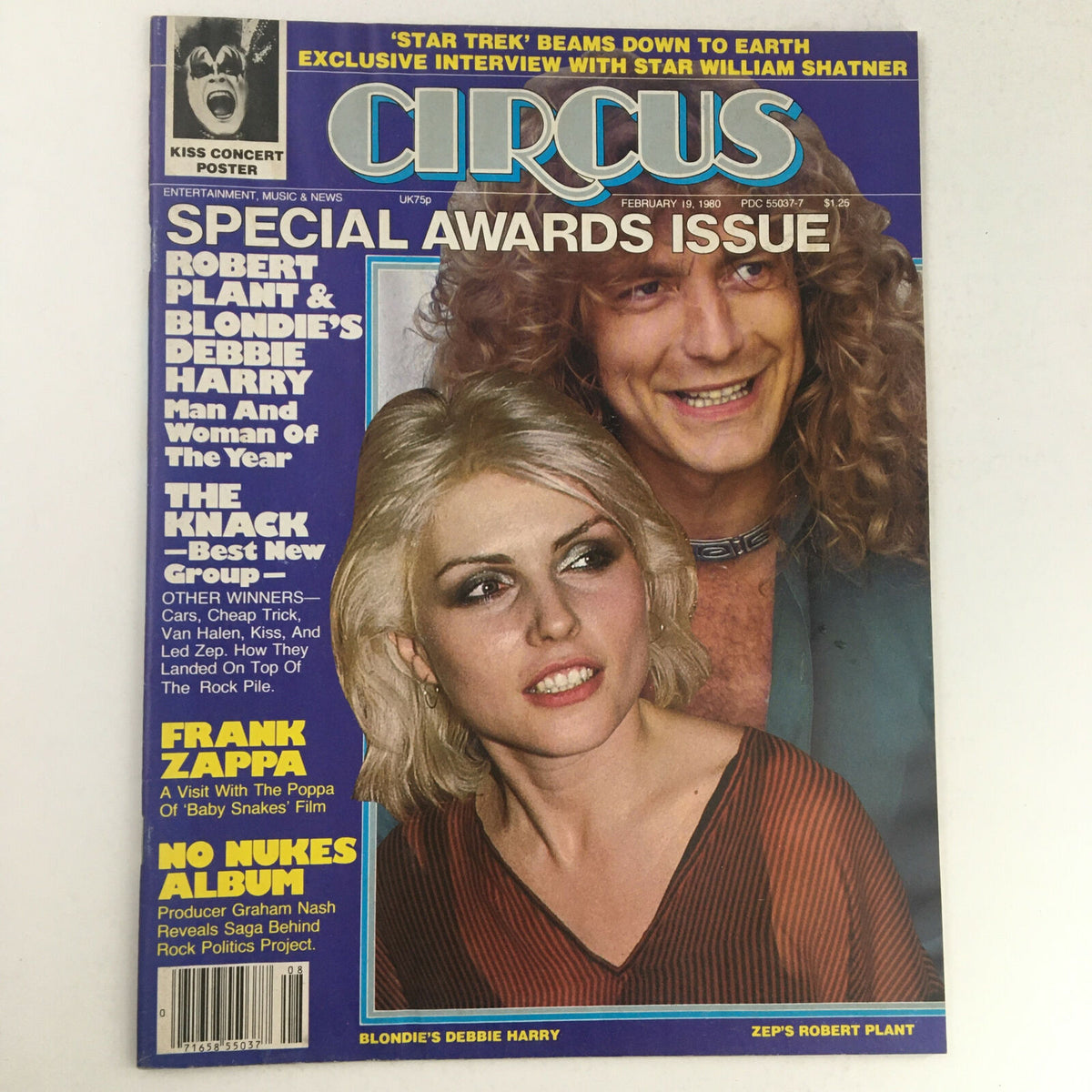 Circus Magazine cover from February 19, 1980 featuring an iconic poster of Debbie Harry from Blondie and Robert Plant from Led Zeppelin. The cover highlights the special awards issue with notable music legends.