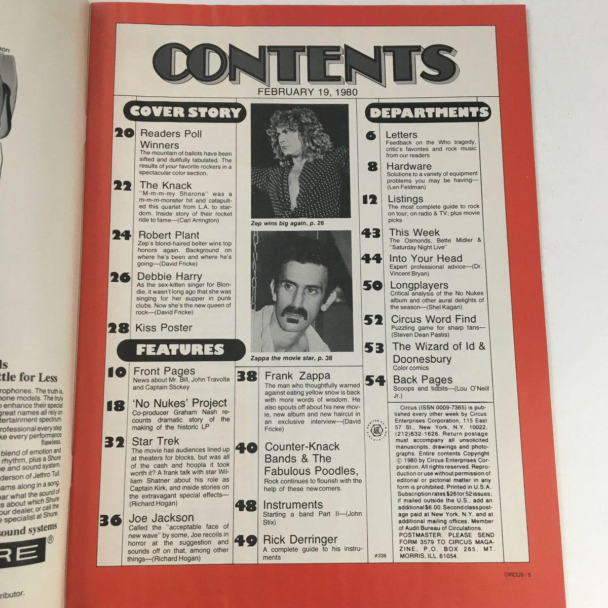 Contents page of Circus Magazine from February 19, 1980, detailing featured articles including Robert Plant, Debbie Harry, and other highlights from the issue showcasing the vibrant late 1970s music scene.