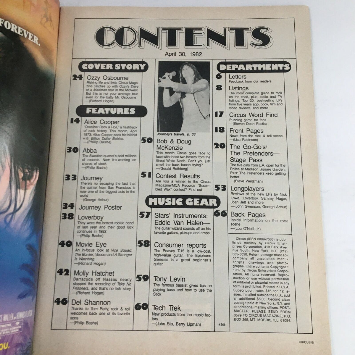 Contents page of Circus Magazine dated April 30, 1982, listing articles on Ozzy Osbourne, Alice Cooper, and other notable musicians, providing an overview of the magazine's features and departments.