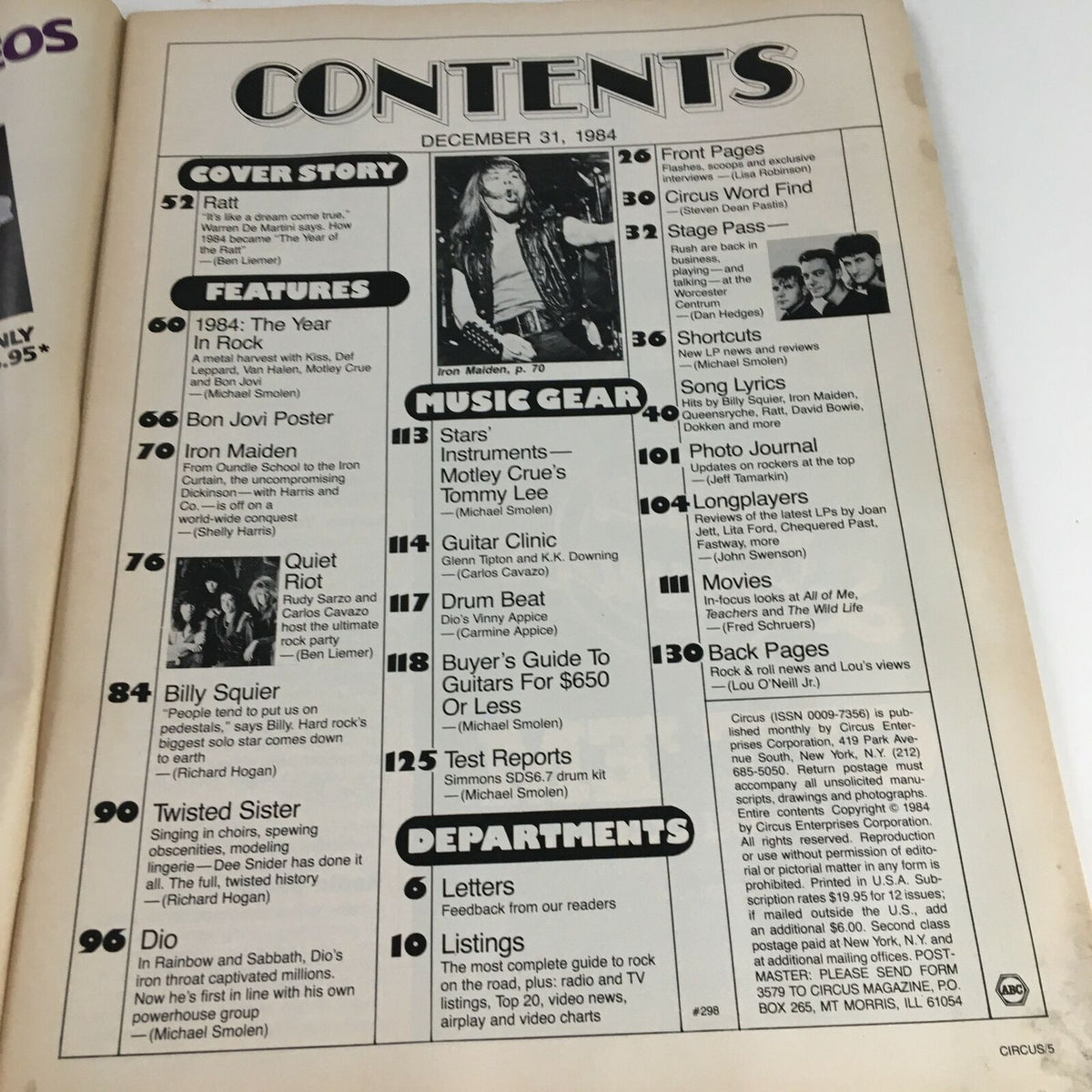 Contents page of Circus Magazine December 31 1984 featuring bands like Iron Maiden and Bon Jovi, summarizing articles and features in this vintage rock magazine.