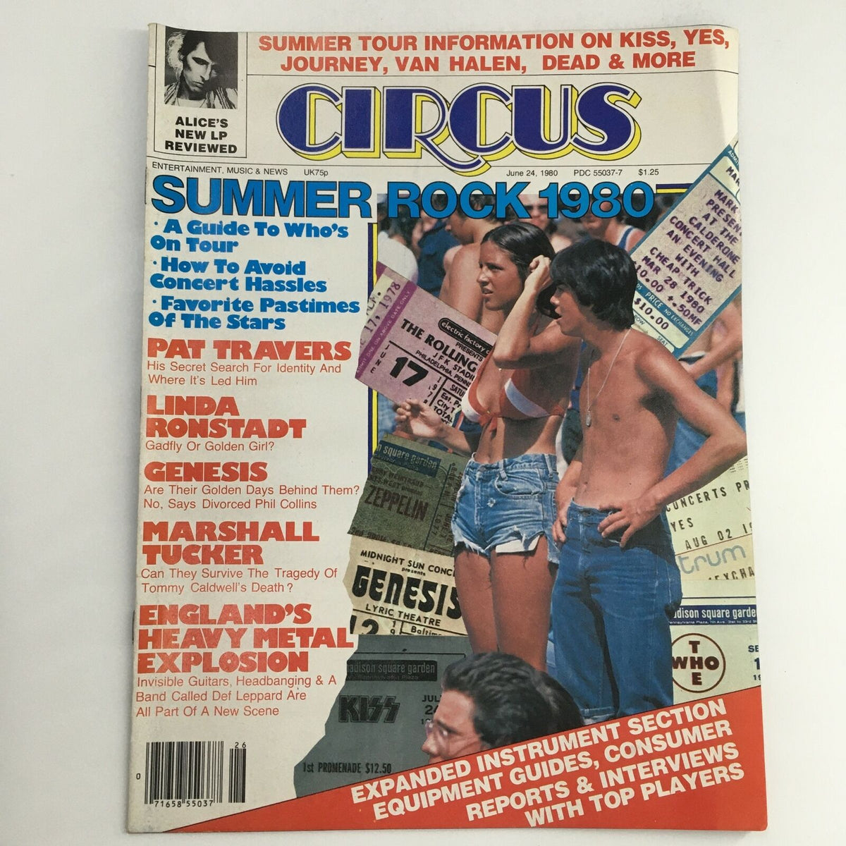 Circus Magazine June 24 1980 featuring a vibrant cover showcasing articles on summer rock tours, including notable musicians like Pat Travers and Linda Ronstadt. The design includes retro concert advertisements and images of fans, emphasizing the music culture of 1980.