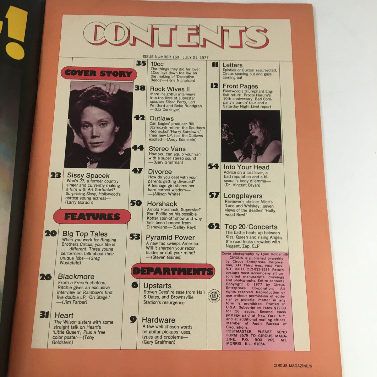 Circus Magazine July 21 1977 contents page featuring Sissy Spacek cover story, listed features, and department sections.