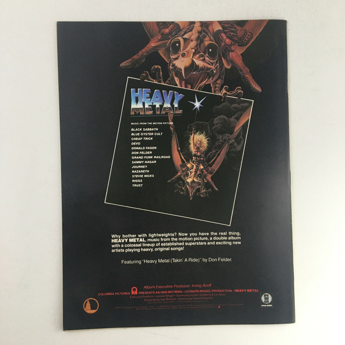 Back cover of Circus Magazine August 31 1981, promoting the Heavy Metal soundtrack with a graphic featuring various rock artists, emphasizing the magazine's tie to music culture of the era.