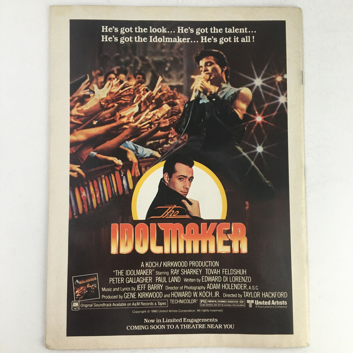 Poster for 'The Idolmaker', featuring scenes of enthusiastic fans and performers. The image highlights the captivating tagline: 'He's got the look... He's got the talent... He's got the Idolmaker... He's got it all!' Reflects the energy and excitement of the music scene. Perfect addition for fans of cinematic music history and memorabilia.