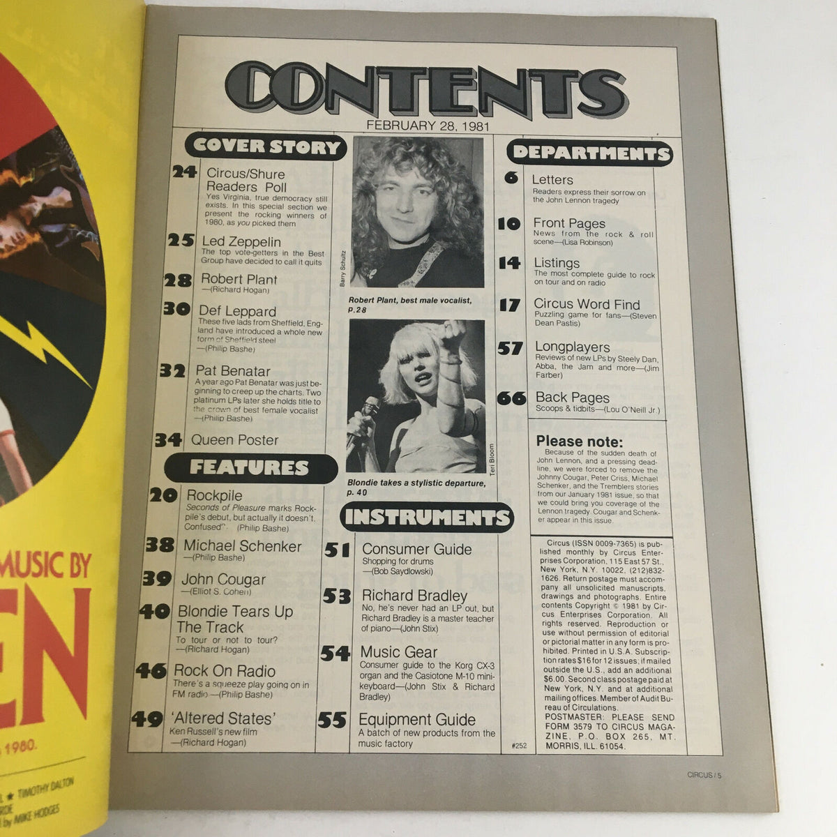Contents page of Circus Magazine dated February 28, 1981. This page lists articles and features including Robert Plant, Pat Benatar, and a Queen poster, reflecting the vibrant music scene of the time.