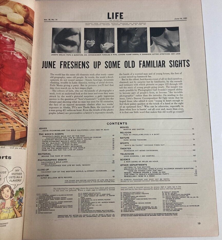 Interior page of VTG Life Magazine June 14 1954 displaying the table of contents and an article about the Super Balloon record.