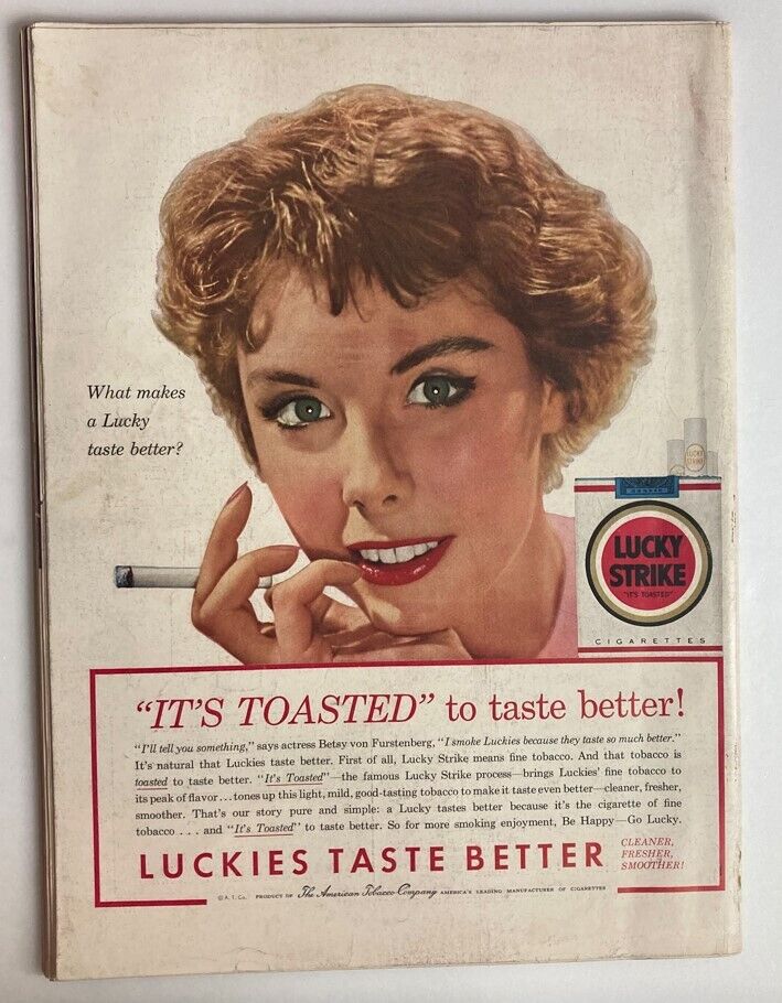 Vintage Life Magazine cover from June 14, 1954, showcasing an advertisement for Lucky Strike cigarettes with a smiling woman, highlighting the slogan 'It's Toasted'.
