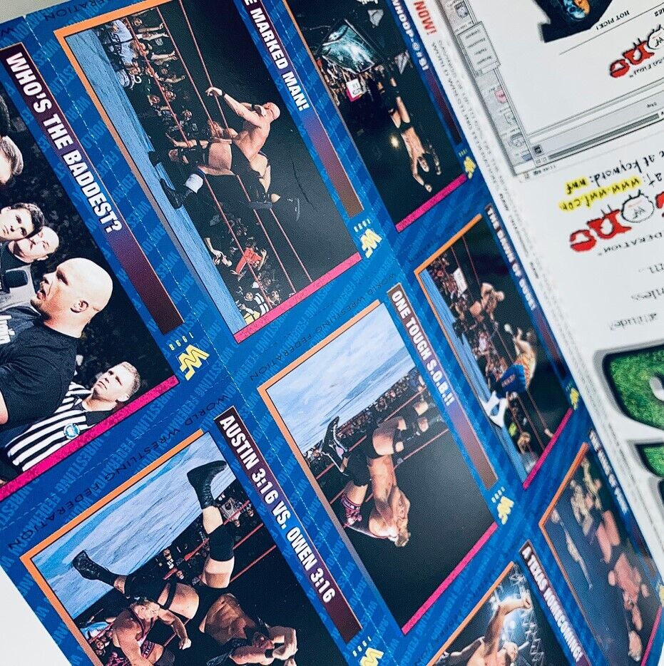 Inside pages of WWF World Wrestling Federation Magazine May 1998, featuring action shots and match highlights with trading cards and iconic wrestlers. Perfect for collectors and fans of wrestling.