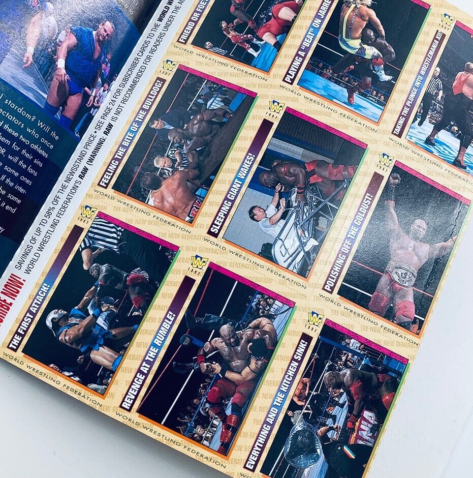 Interior page of WWF World Wrestling Federation Magazine August 1997 showcasing wrestling highlights and action shots. Includes trading cards and feature articles about popular wrestlers.