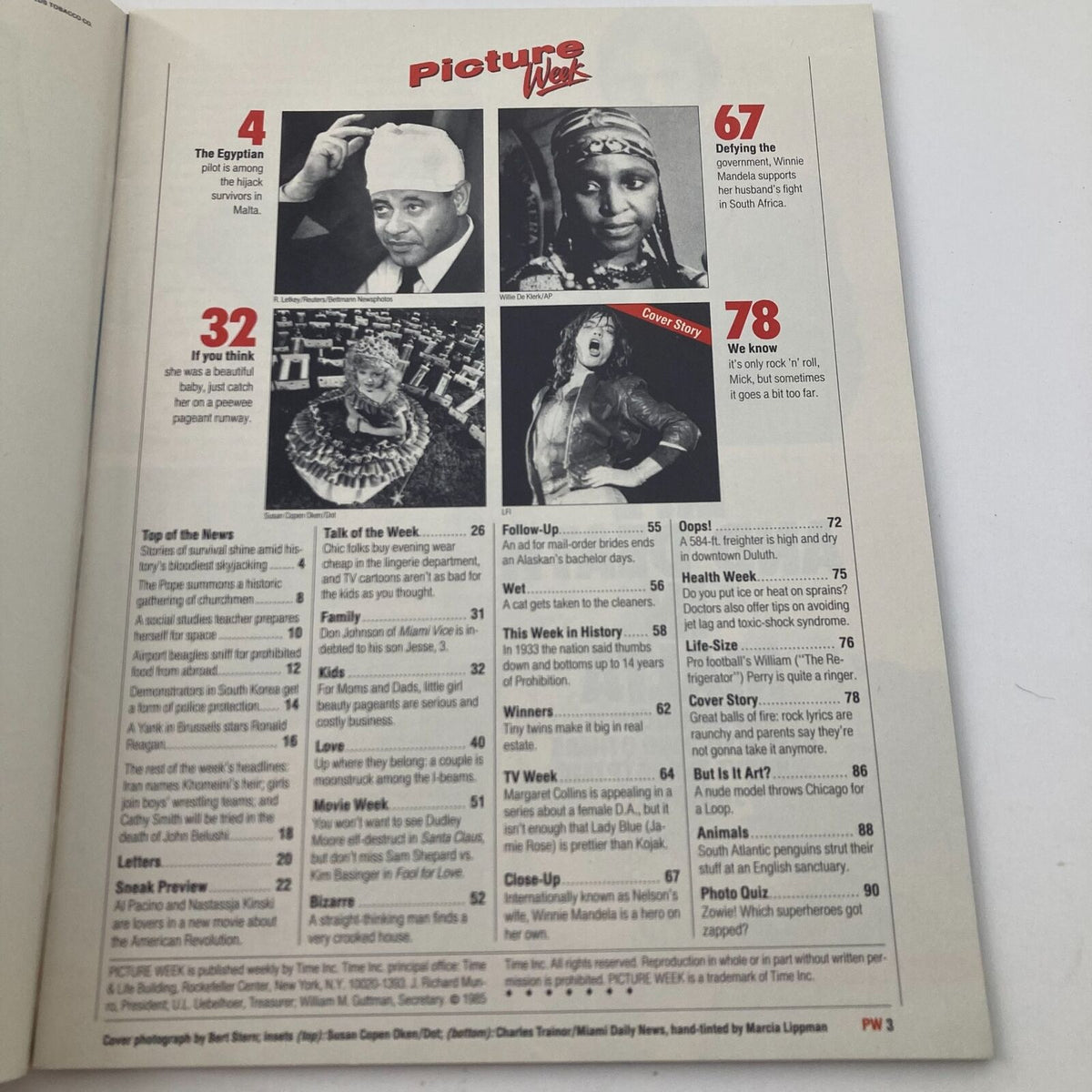 Inside page of VTG Picture Week Magazine December 9 1985 featuring a table of contents with topics like top news, family, love, and movie reviews, illustrating the cultural landscape of the 1980s.