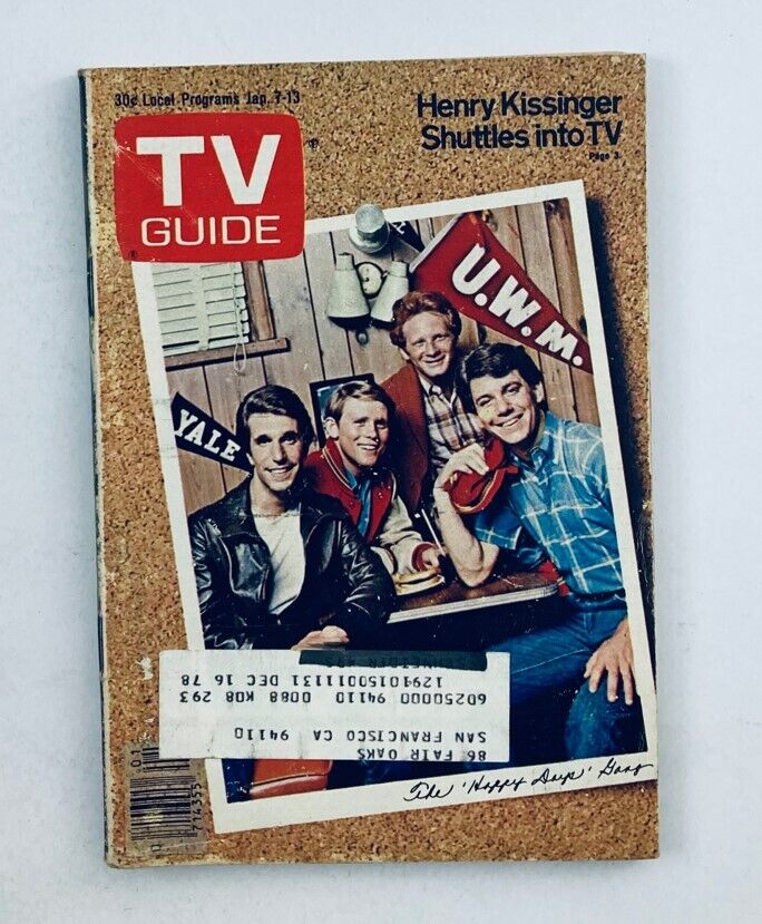 TV Guide Magazine cover from January 7, 1978, issue #1293 featuring Henry Winkler and four male actors, showcasing a nostalgic piece of television history.