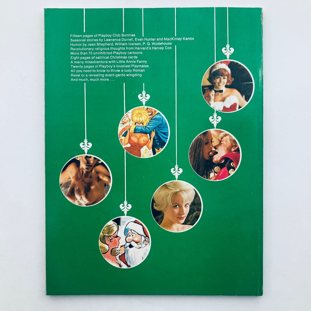 Back cover of VTG 1971 Playboy's Holiday Album, displaying circular illustrations of Playboys, holiday scenes, and festive messages, emphasizing the album's entertainment value.