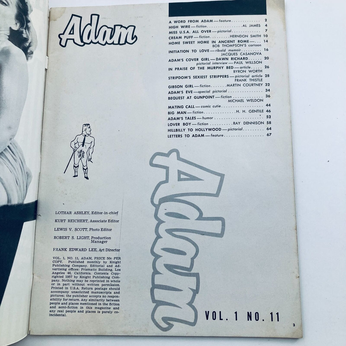 Interior page of VTG Adam Magazine November 1957 Vol 1 No. 11, displaying the table of contents and editorial details, highlighting various featured articles.