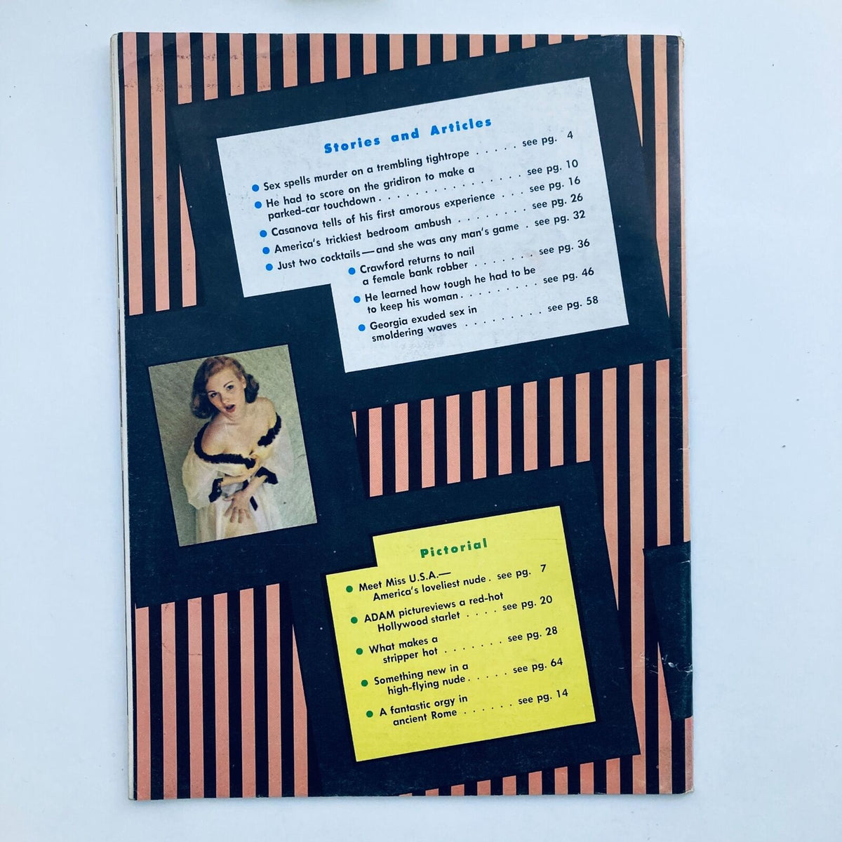 Back cover of VTG Adam Magazine November 1957 Vol 1 No. 11, presenting a summary of stories and articles, enhanced by a visually engaging design with colorful highlights.