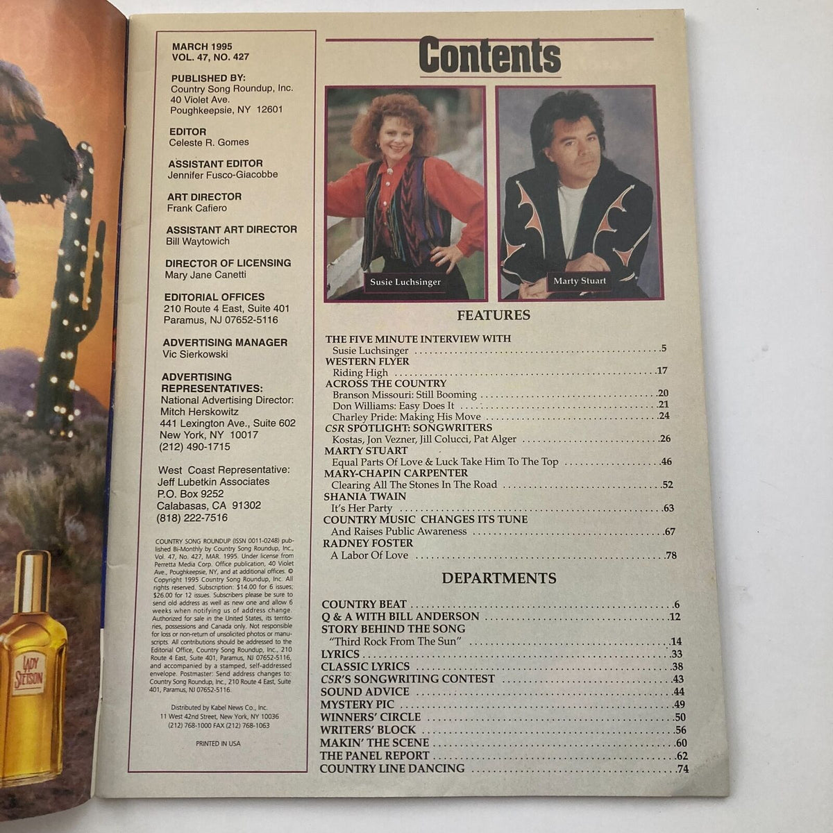 Contents page of Country Song Roundup Magazine March 1995 detailing features with Susie Luchsinger and Marty Stuart, emphasizing the magazine's rich country music content.