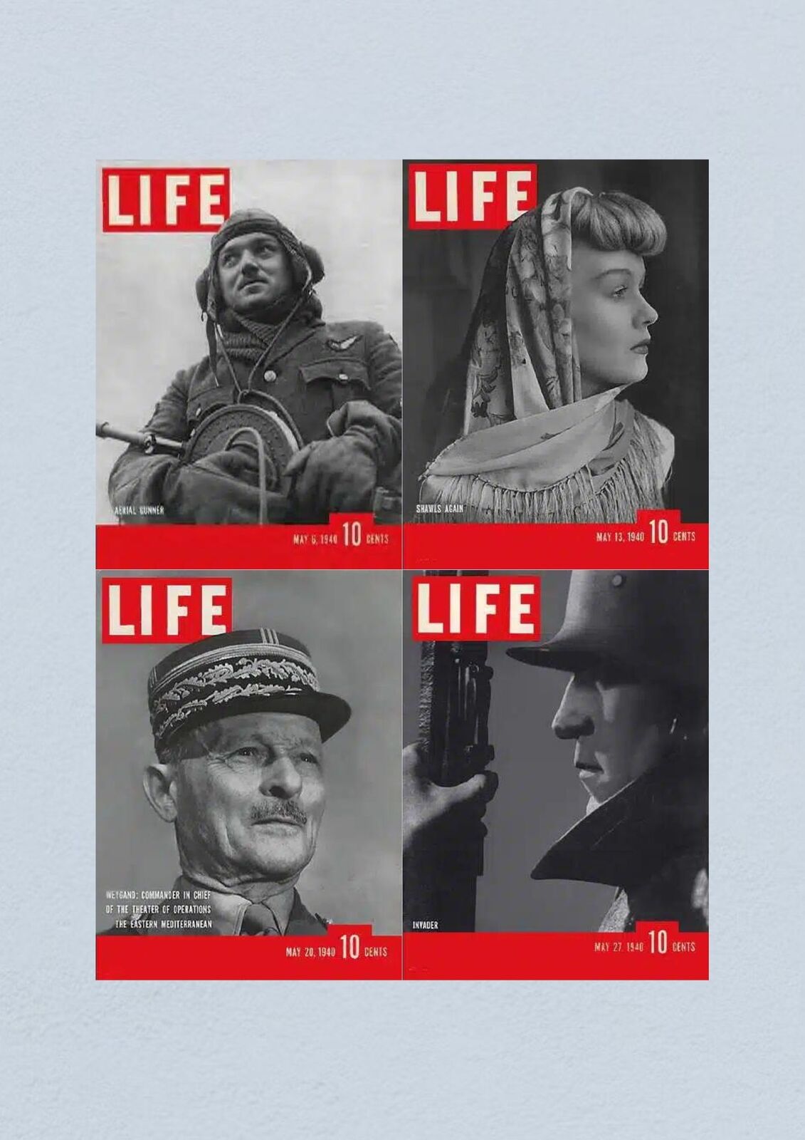 Life Magazine Lot of 4 Full Month of May 1940 featuring editions from May 6, 13, 20, and 27. Includes visuals of a Royal Air Force gunner, a woman in a shawl, a military commander, and an invader, representative of the WWII era.