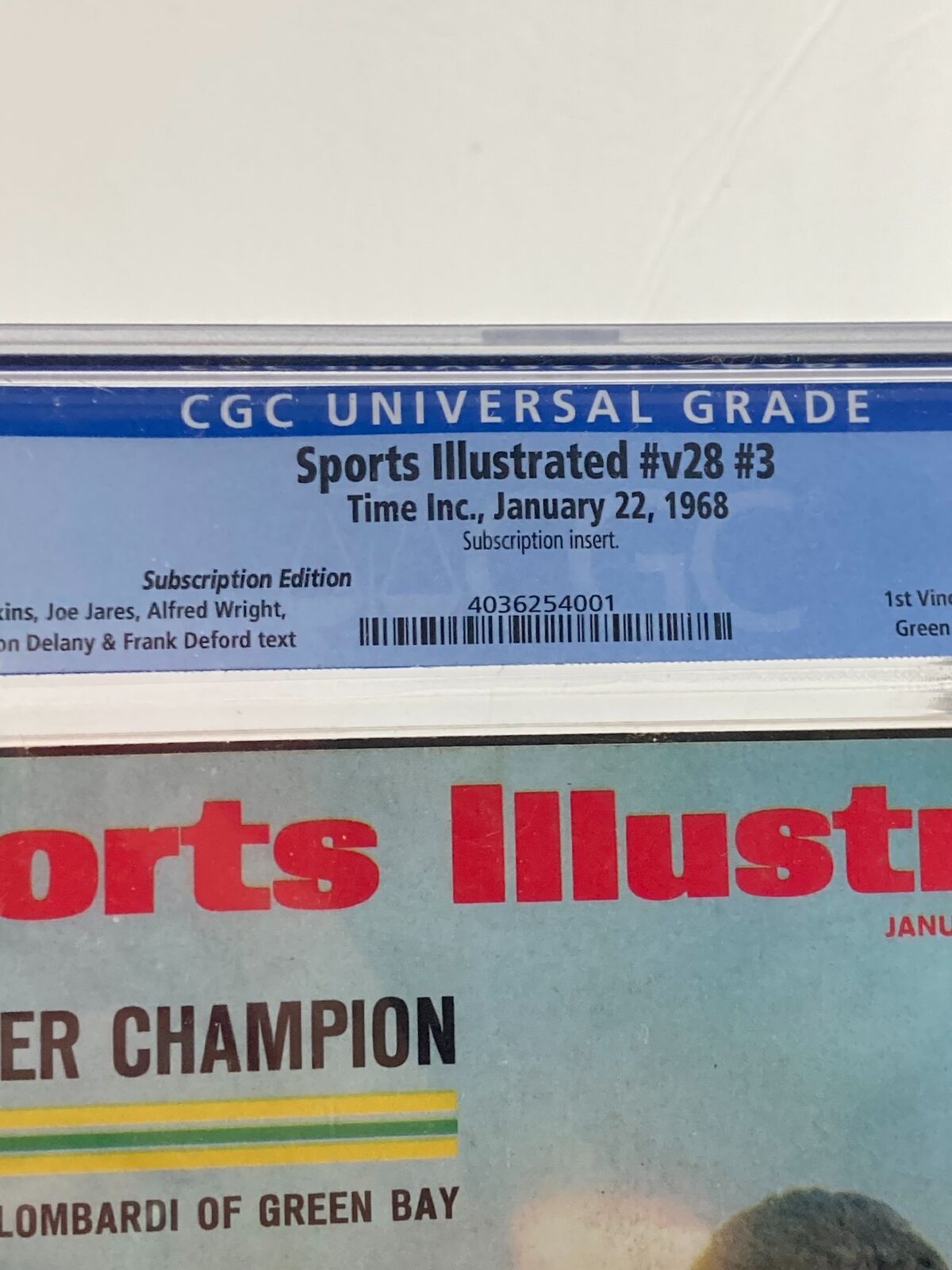 CGC label of VTG Sports Illustrated Magazine January 22, 1968 Lombardi of Green Bay, including publication details such as issue number and date.