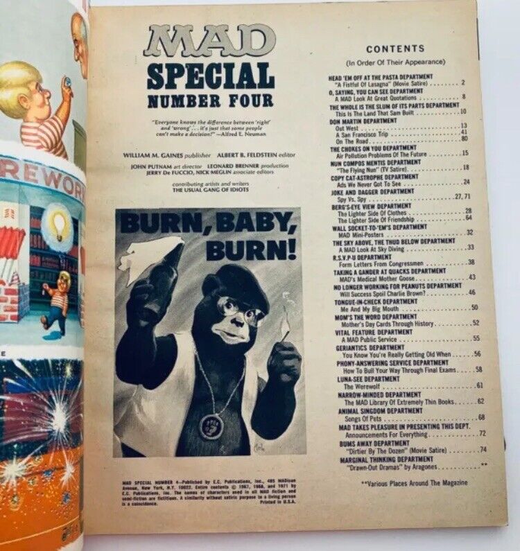Contents page of Mad Super Special Magazine No. 4 featuring the title 'BURN, BABY, BURN!' with an illustration of a gorilla in a vest, and a list of humorous article titles, portraying the clever satire of the publication.