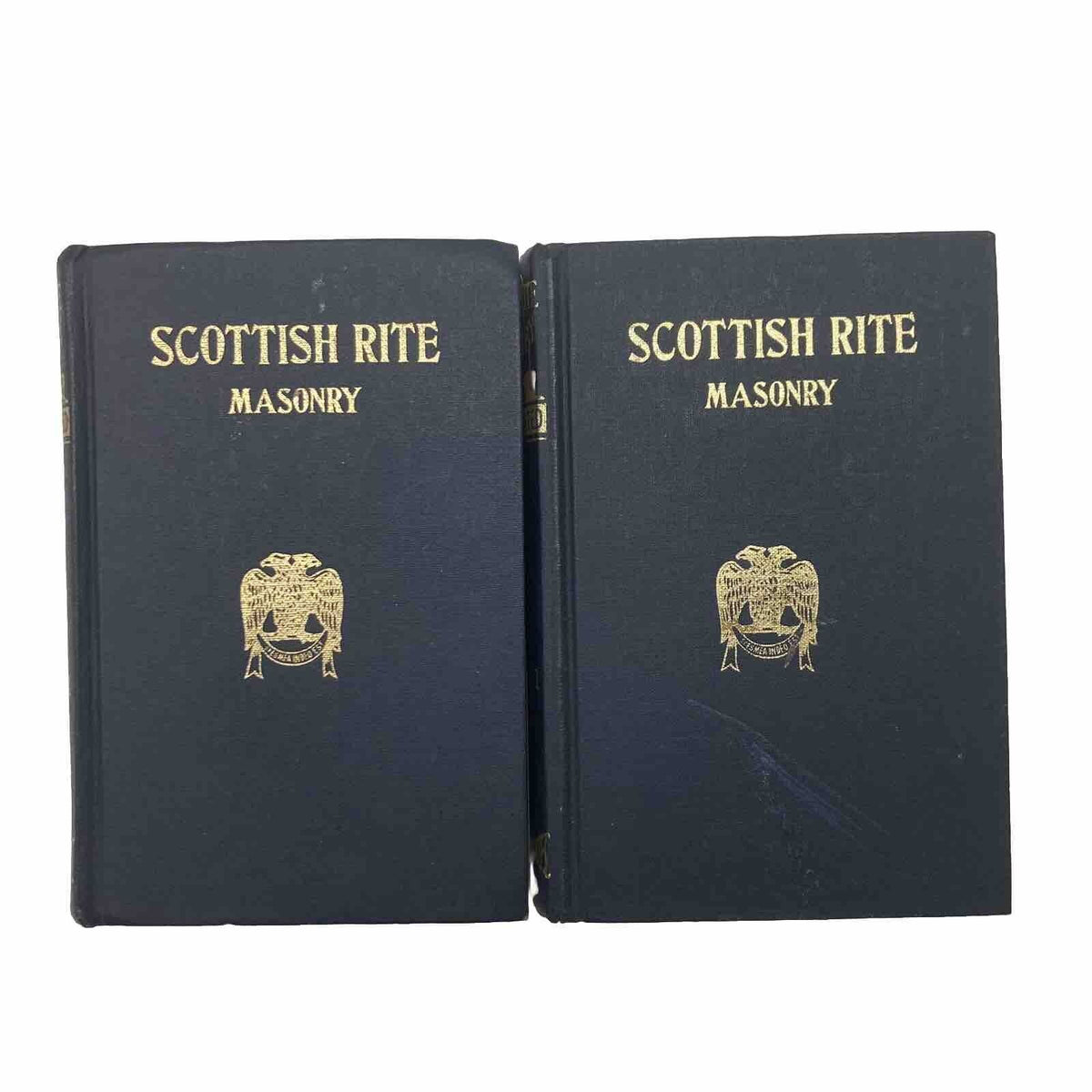 Scotch Rite Masonry Illustrated 1979 by Jonathan Blanchard, displaying the covers of both books, featuring a classic design with gold embellishments on dark blue background.