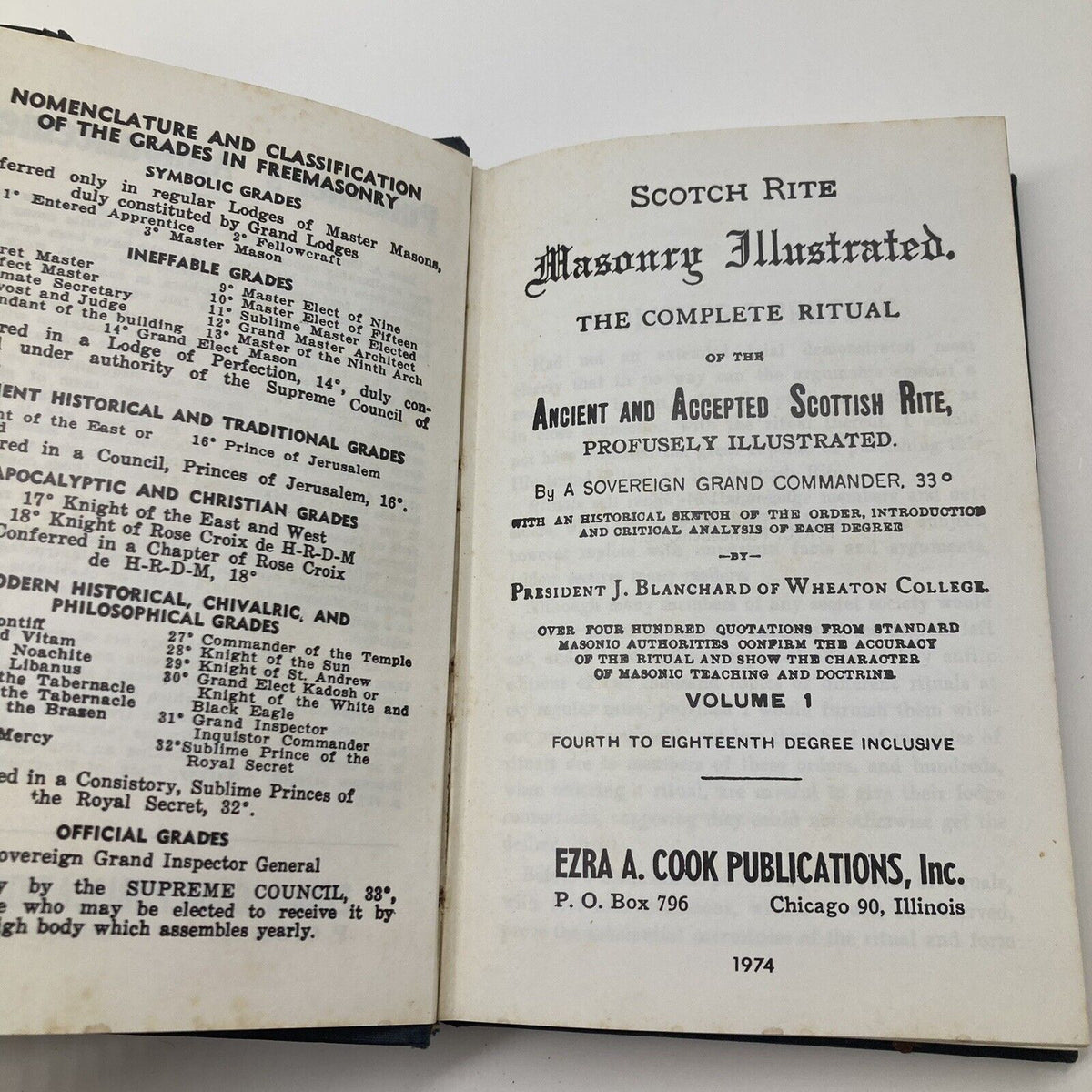 Title page and preface of 'Scotch Rite Masonry Illustrated 1979: The Complete Ritual Jonathan Blanchard' with Masonic insignia and publisher information.