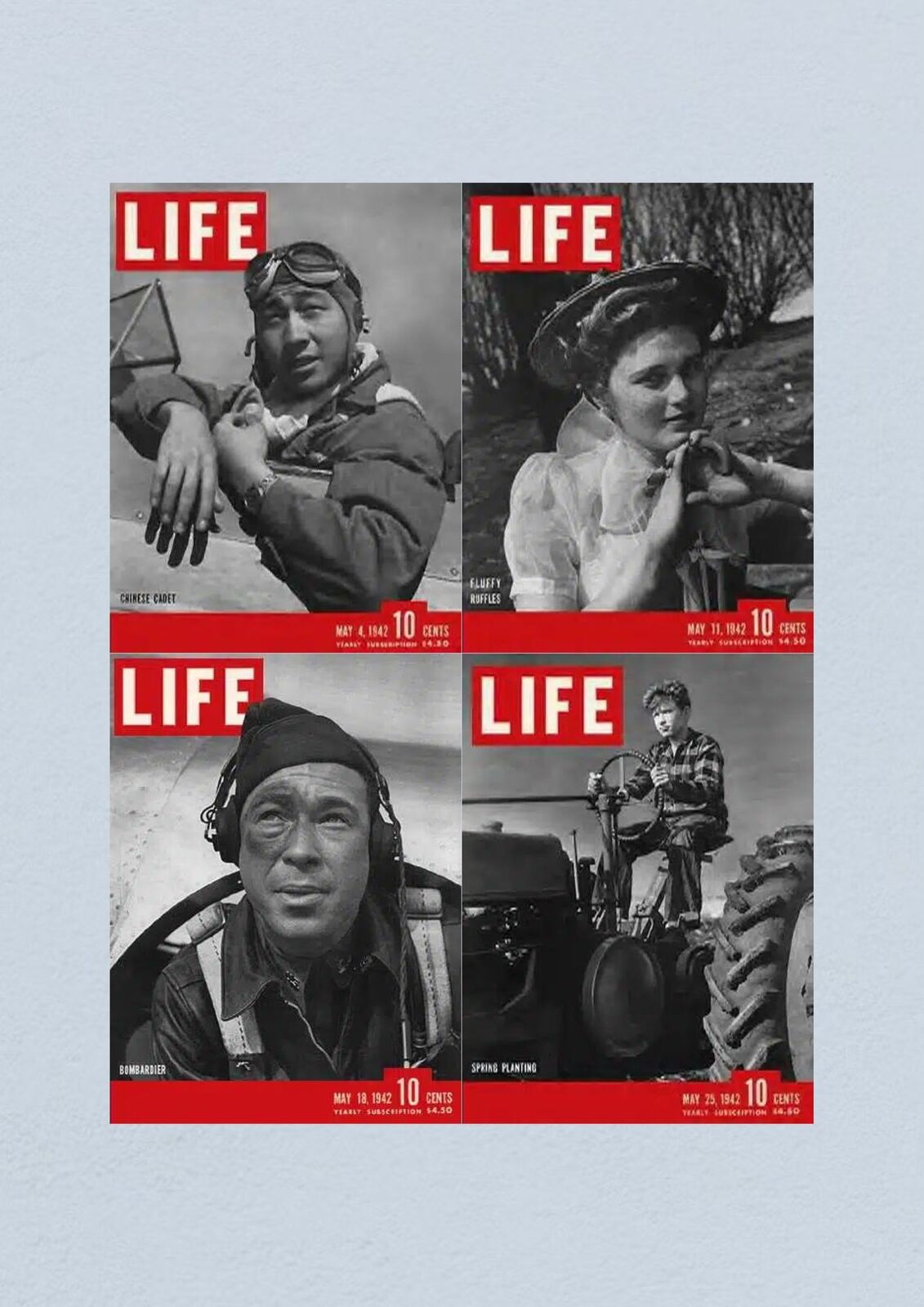 Life Magazine Lot of 4 Full Month of May 1942 showcasing covers from May 4, 11, 18, and 25, featuring a Chinese cadet pilot, a fashionable woman, a bombardier, and a child on a tractor.