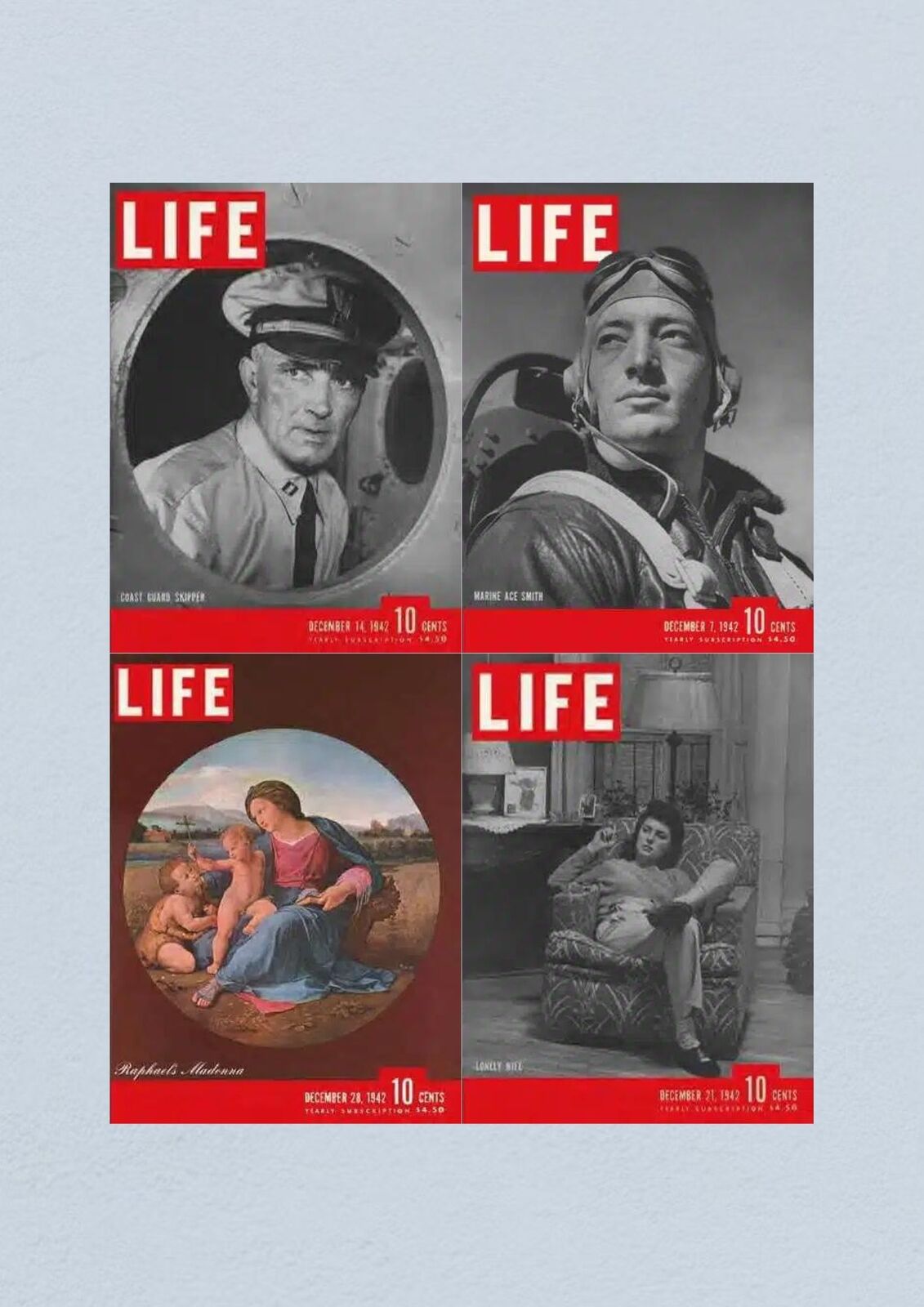 Life Magazine lot featuring December 7, 14, 21, 28, 1942 covers showcasing Marine Ace Smith, Coast Guard Skipper, Raphael's Madonna, and a featured article on loneliness during WWII.