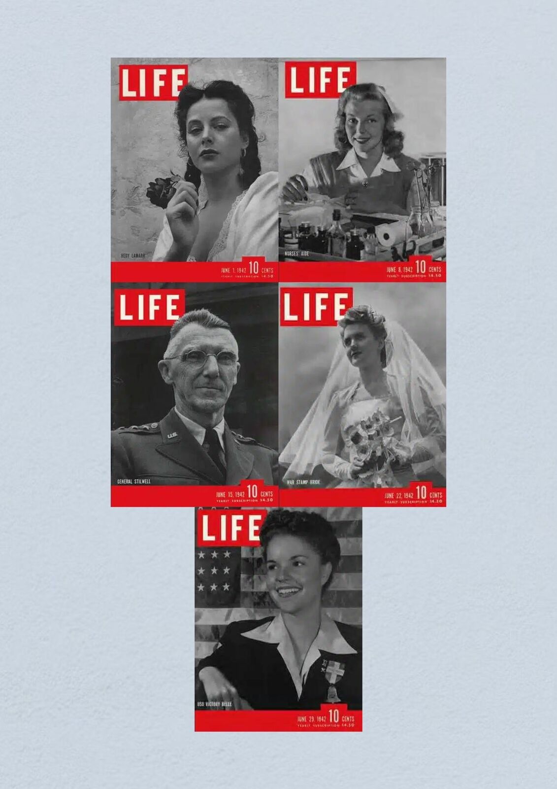 Life Magazine Lot of 5 Full Month of June 1942 - Cover features Hedy Lamarr, June 1, General Stilwell, and Nurse Aide Lorraine Ames with highlights on WWII events.