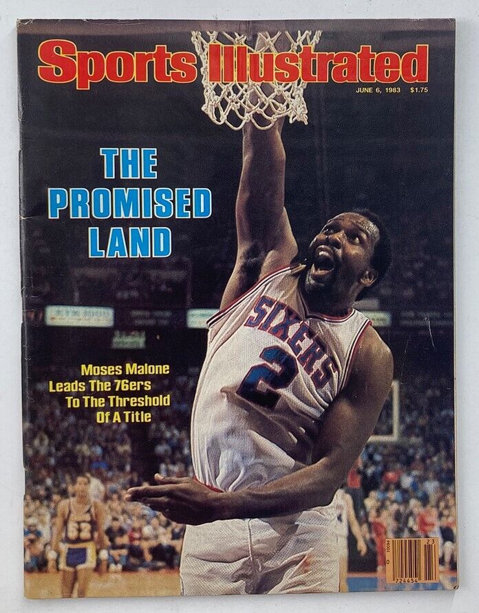 Cover of Sports Illustrated Magazine from June 6, 1983, featuring Moses Malone of the Philadelphia 76ers dunking. The cover reads 'The Promised Land' and highlights Malone's contribution to the team's pursuit of an NBA title.