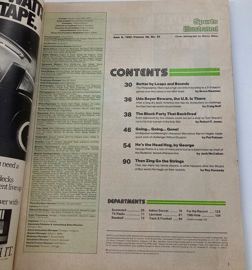 Contents page of Sports Illustrated Magazine June 6, 1983. Includes articles from various sports, featuring the Philadelphia 76ers and a highlight on Moses Malone.