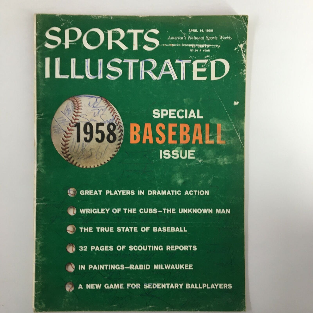VTG Sports Illustrated Magazine April 14 1958 featuring a special baseball issue with highlights like great players, Wrigley of the Cubs, and the true state of baseball.