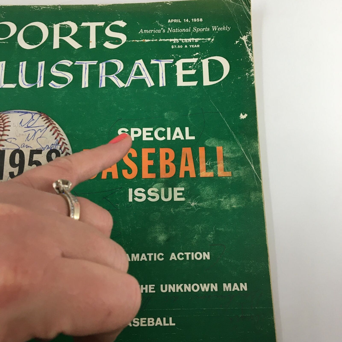 VTG Sports Illustrated Magazine April 14 1958 featuring the title 'Special Baseball Issue' with noticeable wear and a vintage look.