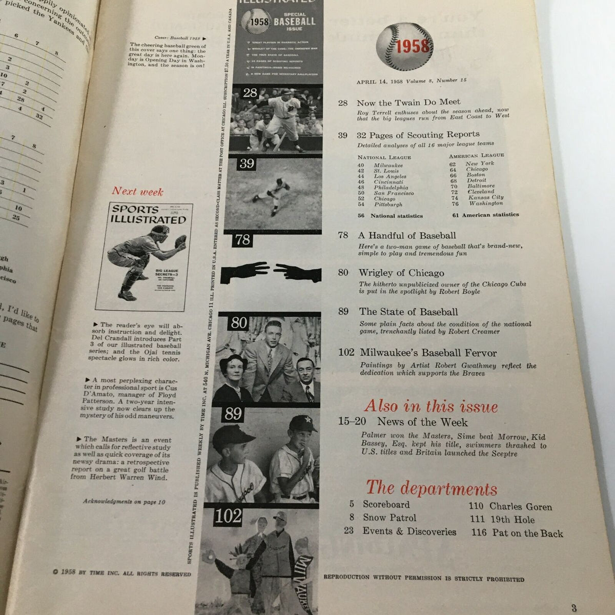 VTG Sports Illustrated Magazine April 14 1958 showcasing the contents page with various articles about baseball including scouting reports.