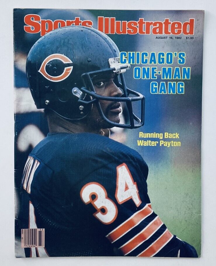 Cover of Sports Illustrated Magazine from August 16, 1982, featuring Walter Payton, with the headline 'Chicago's One-Man Gang'. This vintage magazine highlights the legendary running back in his iconic Chicago Bears uniform, reflecting sports history and American football culture.