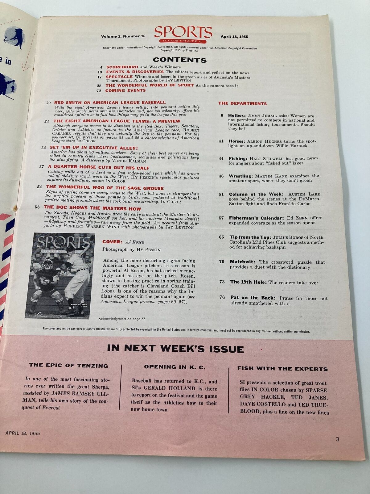 Inside contents page of VTG Sports Illustrated Magazine April 18 1955 featuring articles about American League baseball and sports narratives.