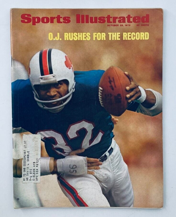Cover of VTG Sports Illustrated Magazine from October 29, 1973, featuring O.J. Simpson rushing for a record. This vintage magazine captures the excitement of the NFL and sports journalism during the golden era.