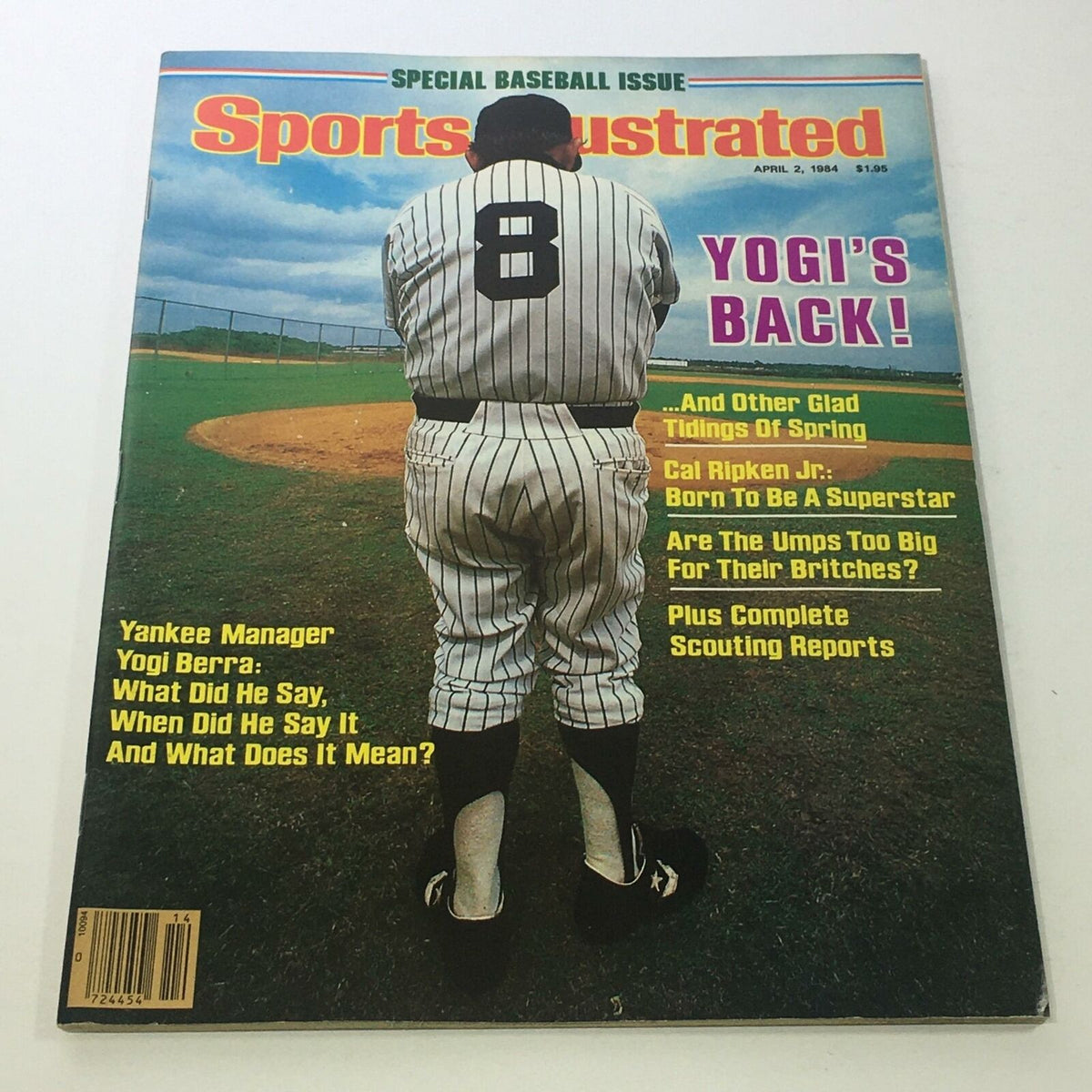 Cover of Sports Illustrated: April 2, 1984 featuring Yogi Berra as Yankee Manager, emphasizing 'Yogi's Back!' in a special baseball issue, showcasing Cal Ripken Jr. and other baseball tidings.