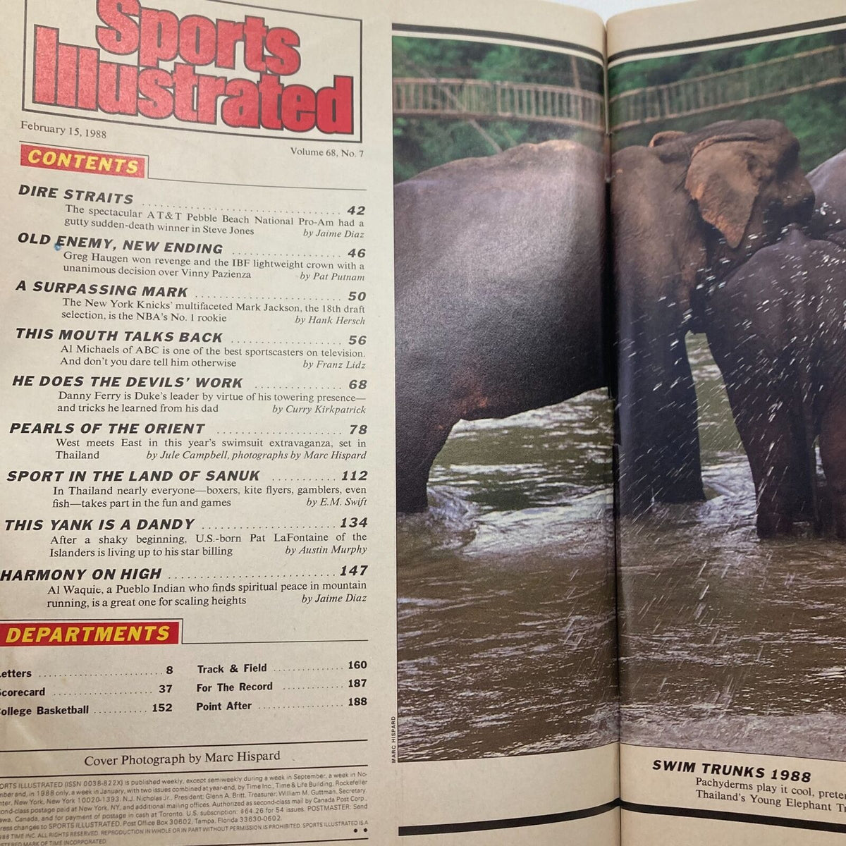 Inside page of the Sports Illustrated magazine dated February 15, 1988, displaying the table of contents including articles on sports events and features from the era.